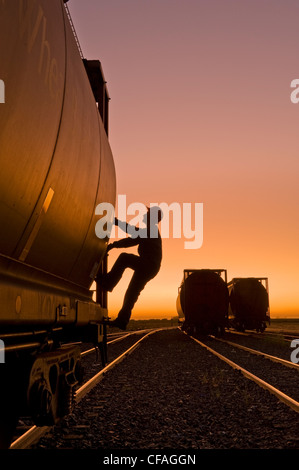 ein Arbeiter klettert eine Korn-Waggon-Trichter an eine im inland Getreideterminal, Morris, Manitoba, Kanada Stockfoto