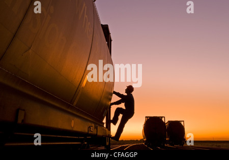 ein Arbeiter klettert eine Korn-Waggon-Trichter an eine im inland Getreideterminal, Manitoba, Kanada Stockfoto