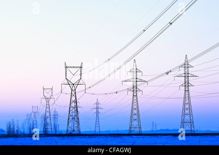 Kraftübertragung Türme in der Abenddämmerung. In der Nähe von Winnipeg, Manitoba, Kanada. Stockfoto