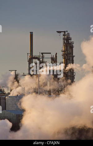 Öl-Raffinerie bei Sonnenaufgang, Edmonton, Alberta, Kanada. Stockfoto