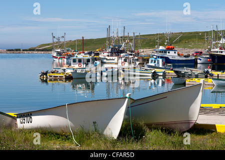 Angelboote/Fischerboote am Kai in alten Perlican, Neufundland und Labrador, Kanada gefesselt. Stockfoto