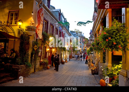 Rue Petit Champlain in der Abenddämmerung, Quebec Stadt, Quebec, Kanada Stockfoto