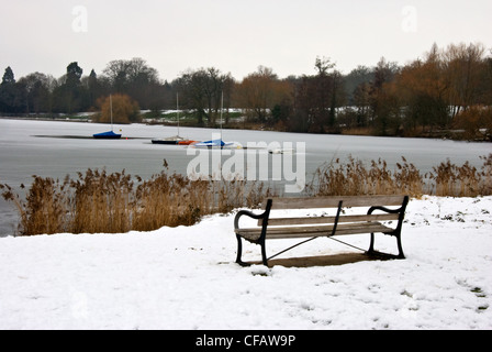 Bank mit Blick auf einem zugefrorenen See Stockfoto