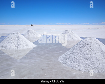 Trocknende Salzberge und Spiegelbild im Wasser an den Salar de Uyuni (Salinen) in Bolivien. Stockfoto