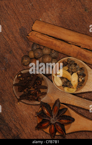Hintergrund mit verschiedenen Gewürzen: Zimt, Kardamom, schwarzer Pfeffer, Nelke (Syzygium Aromaticum) und Sternanis. Stockfoto
