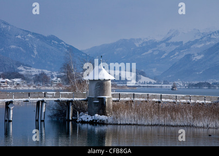 See, Kanton St. Gallen, St. Gallen, Schweiz, Europa, Stadt, Stadt, Winter, Schnee, Pfad, Steg, Holzsteg, Jako Stockfoto