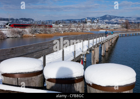 See, Kanton St. Gallen, St. Gallen, Schweiz, Europa, Stadt, Stadt, Winter, Schnee, Pfad, Steg, Holzsteg, Jako Stockfoto