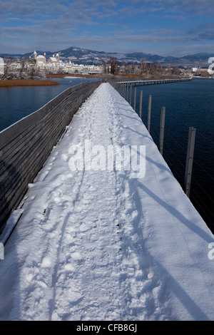 See, Kanton St. Gallen, St. Gallen, Schweiz, Europa, Stadt, Stadt, Winter, Schnee, Pfad, Steg, Holzsteg, Jako Stockfoto