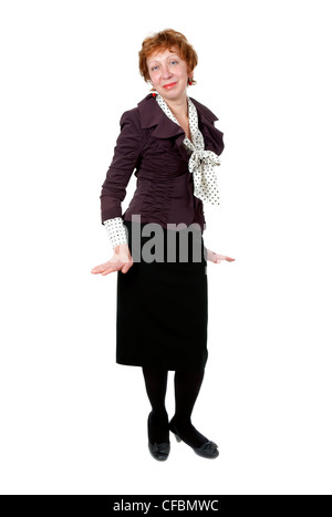 Porträt der Frau mittleren Alters im Studio auf weißem Hintergrund Stockfoto