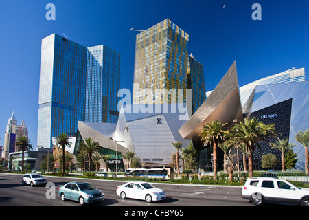 USA, USA, Amerika, Nevada, Las Vegas, Stadt, Strip, Avenue, Kristalle Hotel, Architektur, schlanke, beschäftigt, Autos, Kasinos, ce Stockfoto