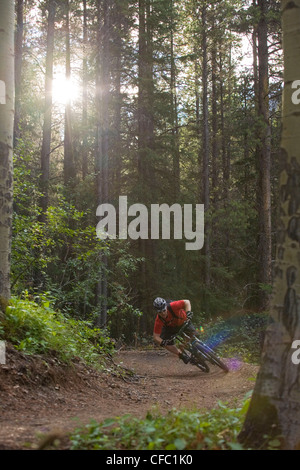 Ein Mountainbiker fährt die Highline-Trail in Canmore, AB Stockfoto