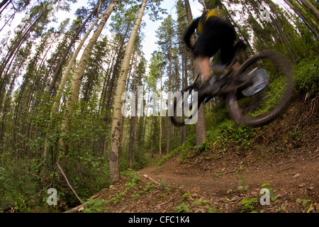 Ein Mountainbiker fährt die Highline-Trail in Canmore, AB Stockfoto