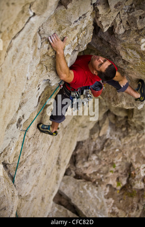 Ein junger Mann klettert Marzipan 5.8, Rattle Snake Punkt, ON, Canada Stockfoto