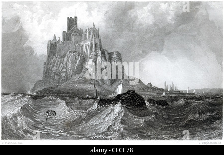 Eine Gravur "St Michaels Mount, Cornwall" Scannen mit hoher Auflösung aus einem Buch mit dem Titel veröffentlicht im Jahre 1847 Stockfoto