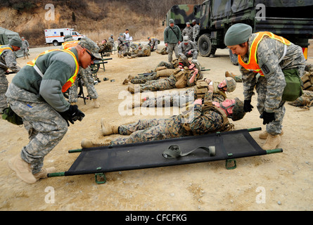 CAMP RODRIGUEZ, Republik Korea (5. März 2012) Armeepersonal, das der Firma Bravo, dem 121. Combat Support Hospital, aus Lager Yungsan, Republik Korea, zugewiesen ist, transportiert während einer simulierten Massenübung die Marine-Opfer, die dem 2. Platoon, Company Pacific, dem Fleet Anti-Terrorism Security Team (FAST) zugewiesen wurden. Die Marines nehmen an einer medizinischen Feldübung Teil, bei der Armeepersonal dem 121st Combat Support Hospital zugewiesen ist, um ihre Fähigkeiten zur chirurgischen Kampfbereitschaft zu testen. Stockfoto