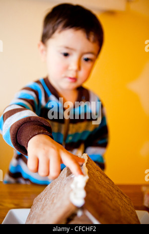 eine zwei und eine halbe Jahr alten Jungen (2,5), macht ein Lebkuchen-Haus. Stockfoto