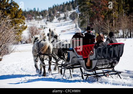 Freunde sitzen unter Decken im Winter, auf Schnee gefüllte Schlittenfahrt. Stockfoto