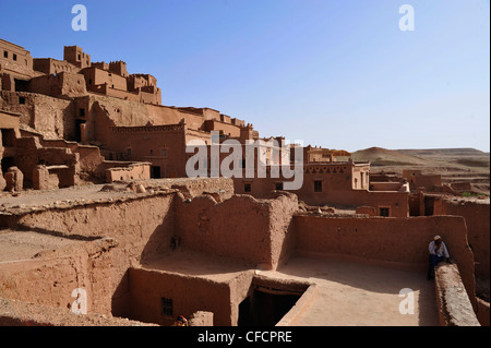 Blick über den flachen Dächern, Kasbah Ait Benhaddou, Ait Benhaddou, Atlas-Gebirge, südlich des hohen Atlas, Marokko, Afrika Stockfoto