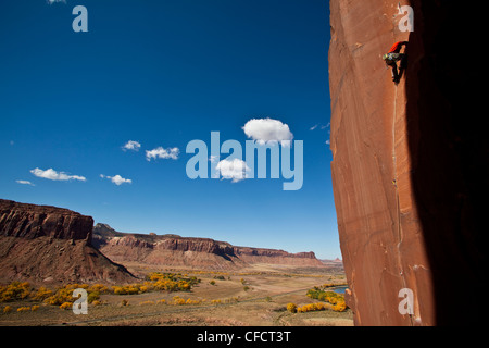 Ein junger Mann steigt ein perfektes Sandstein Handcrack in Indian Creek, Utah, Vereinigte Staaten von Amerika Stockfoto