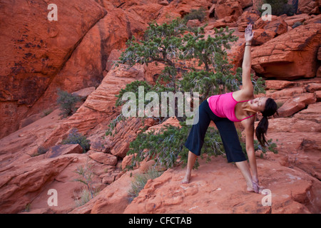 Ein Fit junge Asiatin praktizieren Yoga während auf einem Felsen klettern Reise, Red Rocks, Las Vegas, Nevada, Vereinigte Staaten von Amerika Stockfoto