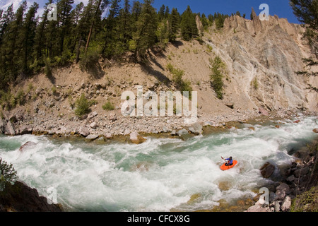 Eine männliche Kajaker paddelt Flusses Wigwam, Klasse 4 in Fernie, Britisch-Kolumbien, Kanada Stockfoto