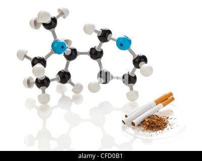 Modell eines Nikotin-Moleküls mit Tabak und Zigaretten auf weißem Hintergrund Stockfoto