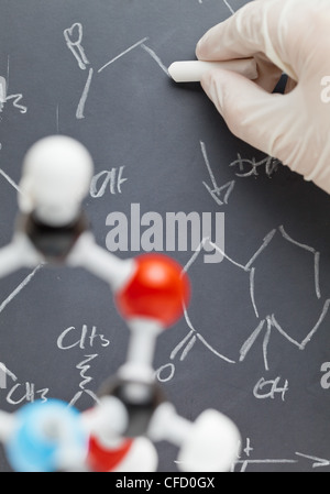 Forscher schreiben an Tafel mit Molekül Modell im Vordergrund Stockfoto