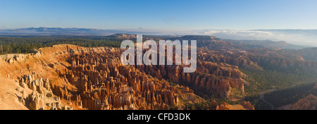 Dawn mit niedrigen Nebel über den Sandstein Hoodoos im Bryce Amphitheater, Inspiration Point, Bryce-Canyon-Nationalpark, Utah, USA Stockfoto