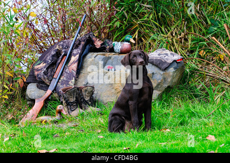 Labrador neben einer Cooey12 messen einzelne Schuss-Schrotflinte, eine Camouflage-Jacke und Stiefel, Duncan, British Columbia, Kanada. Stockfoto