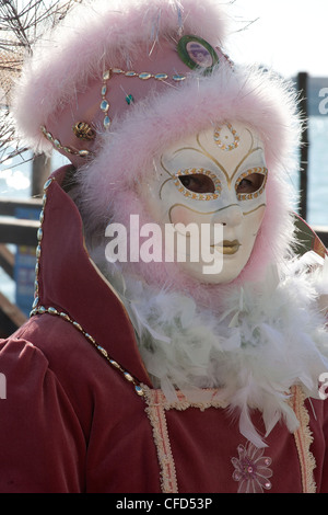 Frau verkleidet in rosa samt und Fell Karnevalskostüm für den Karneval von Venedig 2012, Riva Degli Schiavoni Venedig Italien Stockfoto