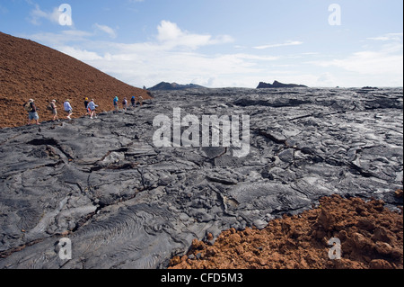 Touristen gehen auf Lavastrom auf Isla Santiago, Sullivan Bay, Galapagos-Inseln, UNESCO-Weltkulturerbe, Ecuador Stockfoto