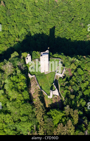 Luftaufnahme der Burgruine der Oberburg Manderscheid, Lieser Tal, Manderscheid, Eifel, Rheinland-Pfalz, Deutschland, Europa Stockfoto