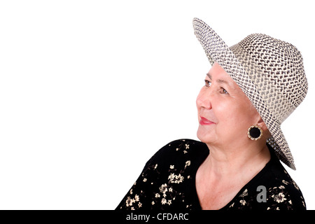 Fröhliche Senioren Dame Porträt isoliert auf weißem Hintergrund. Stockfoto