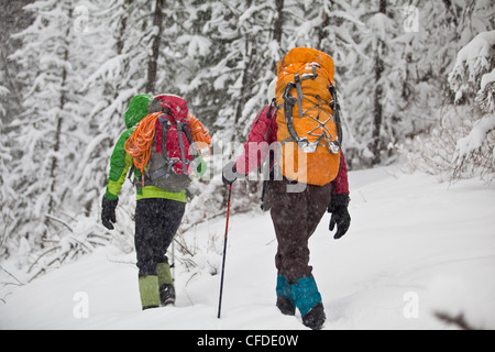 Zwei weibliche Eiskletterer Position um zu klettern Moonlight WI4, auch Thomas Creek, Kananaskis, Alberta, Kanada Stockfoto