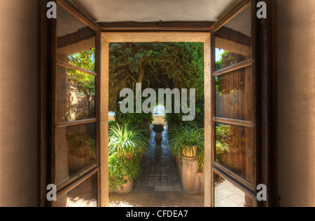 Blick von Terrasse und Garten des Klosters Sa Kartause, La Cartuja, Valldemossa, Tramuntana-Gebirge, Mallorca, Balearic Islan Stockfoto