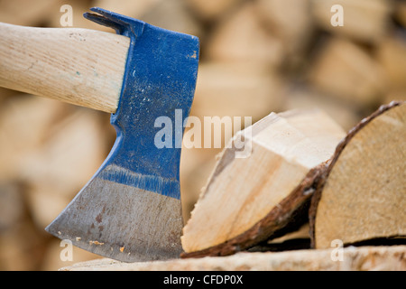 Axt und Holz Knüppel auf Hackstock Stockfoto