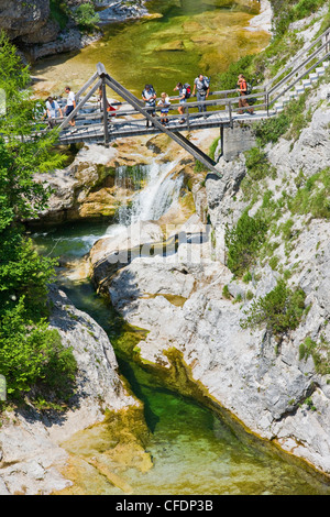 Erhöhte Ansicht der Wanderer auf einer Brücke, Oetscherland, Oetschergraeben, Niederösterreich, Österreich Stockfoto