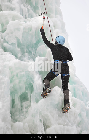 Frau Eisklettern, Festival du Voyageur, Winnipeg, Manitoba, Kanada. Stockfoto