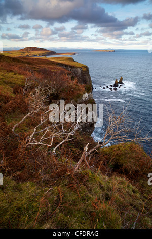 Schönen Klippe Landschaft Blick auf den äußeren Hebriden von in der Nähe von Balmacqueen, Isle Of Skye, Schottland, Vereinigtes Königreich Stockfoto