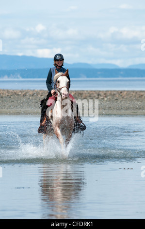 Frauen, die Reitpferde für Erholung am Strand von Merville, Vancouver Island, British Columbia, Kanada Stockfoto