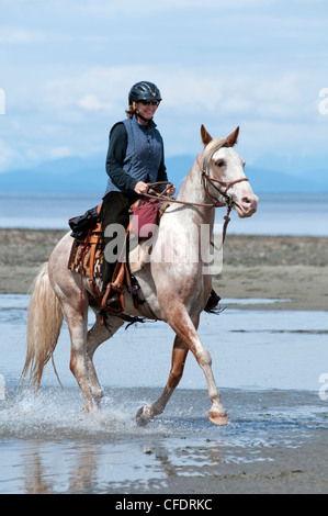 Frauen, die Reitpferde für Erholung am Strand von Merville, Vancouver Island, British Columbia, Kanada Stockfoto