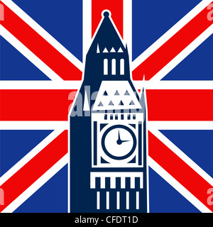 Außenillustration eine Ikone mit Großbritannien britische Union Jack Flagge und Glockenturm Big Ben Clock Stockfoto