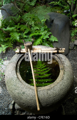 Tsukubai (traditionelle japanische Waschschüssel) bei Kyo-Machiya, ein Museum für ein traditionelles Haus in Kyoto. Kyoto, Japan. Stockfoto