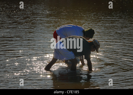 Zwei Fischer Angeln von hand für sehr kleine Fische in Mae rim Chiang Mai Nordthailand am 01.03.2009 Stockfoto