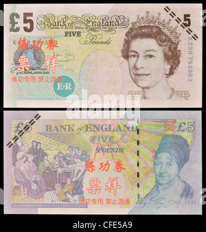 Testen Sie Banknoten für die Ausbildung in chinesischen Banken verwendet. GB 5 Pfund Sterling Stockfoto