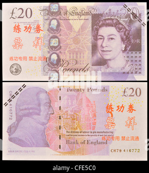 Testen Sie Banknoten für die Ausbildung in chinesischen Banken verwendet. GB 20 Pfund Sterling Stockfoto