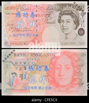 Testen Sie Banknoten für die Ausbildung in chinesischen Banken verwendet. GB 50 Pfund Sterling Stockfoto
