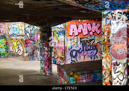 Graffiti, Graffiti, Zeichnungen, Sprühfarbe, Bereich verwendet für Skate Boarding, London Thames South Bank, Vereinigtes Königreich Stockfoto