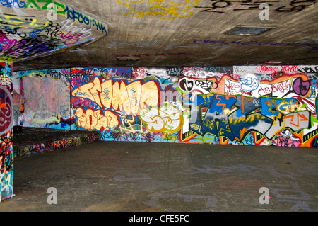 Graffiti, Graffiti, Zeichnungen, Sprühfarbe, Bereich verwendet für Skate Boarding, London Thames South Bank, Vereinigtes Königreich Stockfoto