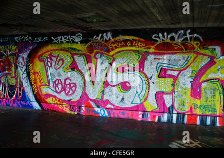 Graffiti, Graffiti, Zeichnungen, Sprühfarbe, Bereich verwendet für Skate Boarding, London Thames South Bank, Vereinigtes Königreich Stockfoto